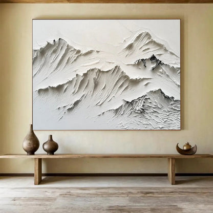 “White Textured Mountain Relief” Impasto Abstract Sculptural Painting On Canvas DKH459