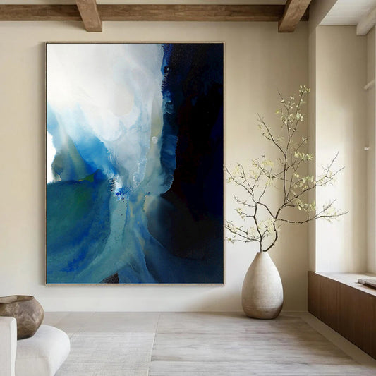 “Blue - White Ink Flow” - Blue, White & Black Abstract Watercolor Painting On Canvas DKH0941