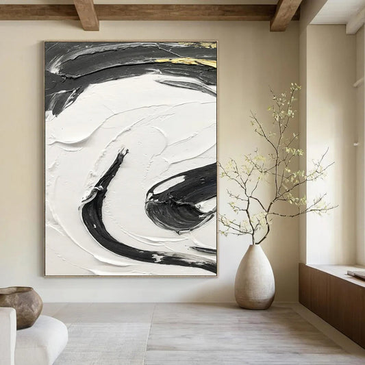 “Black, White, Gold Textured Swirls ‘Opulent Energy’” - Impasto Abstract Painting On Canvas DTP378