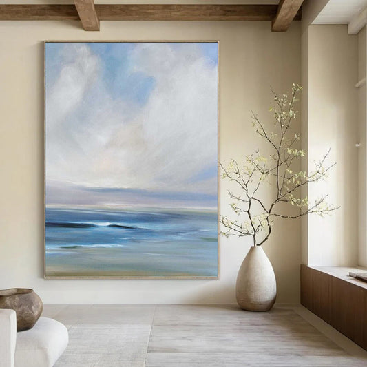 “Serene Coastal Blues” - Blue, White & Gray Impressionistic Seascape Painting On Canvas DKH0957