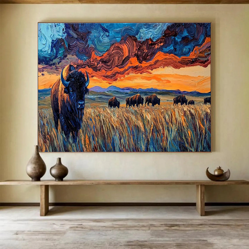 “Swirling Sky Bison Herd” - Dynamic Wildlife Painting On Canvas DKH806
