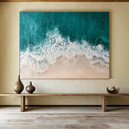 “Aerial Coastline” - Turquoise, White, Beige Seascape Textured Painting On Canvas DKH699