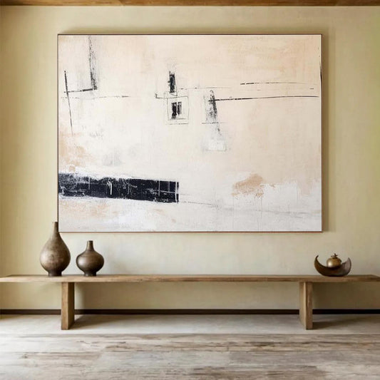 Minimalist Abstract “Sparse Black and White” Painting On Canvas DKH096