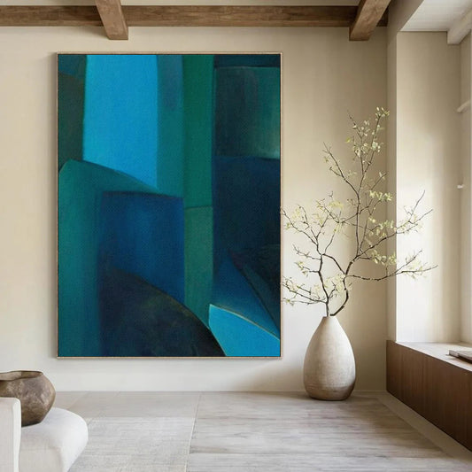Blue & Green Geometric Abstraction - Cubist - Style Painting On Canvas CT2255