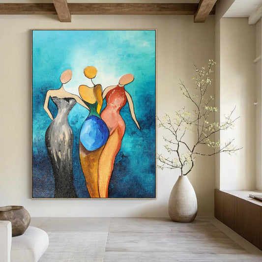 Turquoise, Multi - colored Figures - "Sisterhood in Hues" - Abstract Figurative Painting CT1813