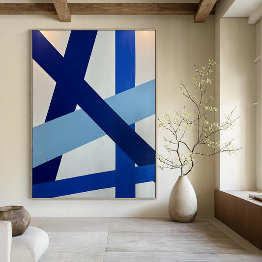 “Blue - White Intersecting Ribbons” – Abstract Geometric Ribbon Art CT0995