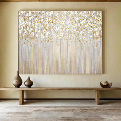“White Flowers with Gold Stems” - Delicate Floral Painting On Canvas DKH787