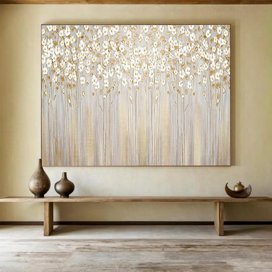 “White Flowers with Gold Stems” - Delicate Floral Painting On Canvas DKH787