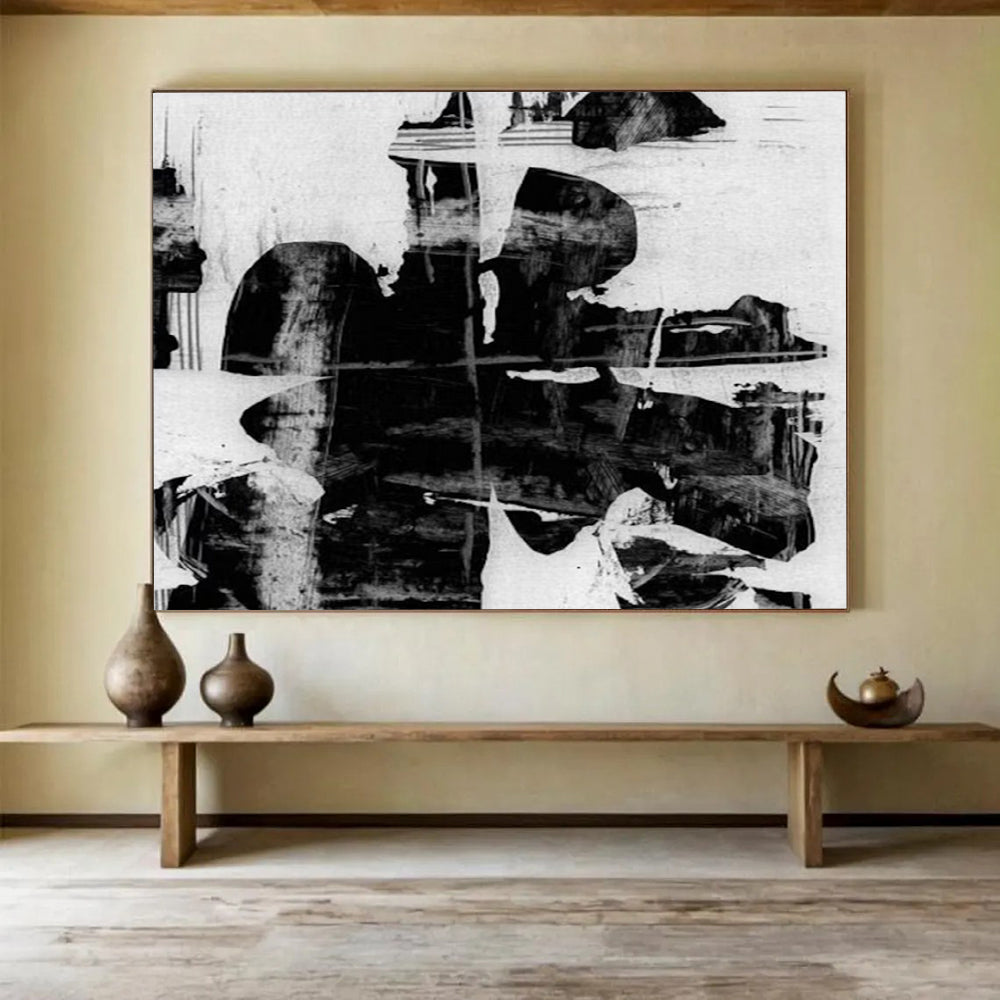 “Monochrome Textured Layers” Black - and - White Abstract Painting On Canvas DLZ134