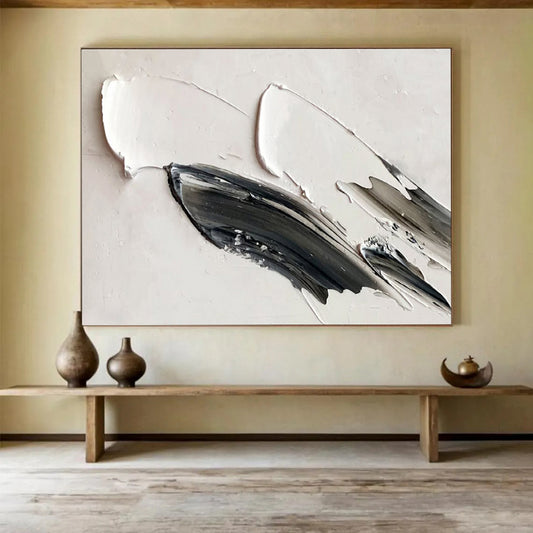 Minimalist Black & White Strokes - Gray, Black & White Abstract Painting On Canvas DKH908