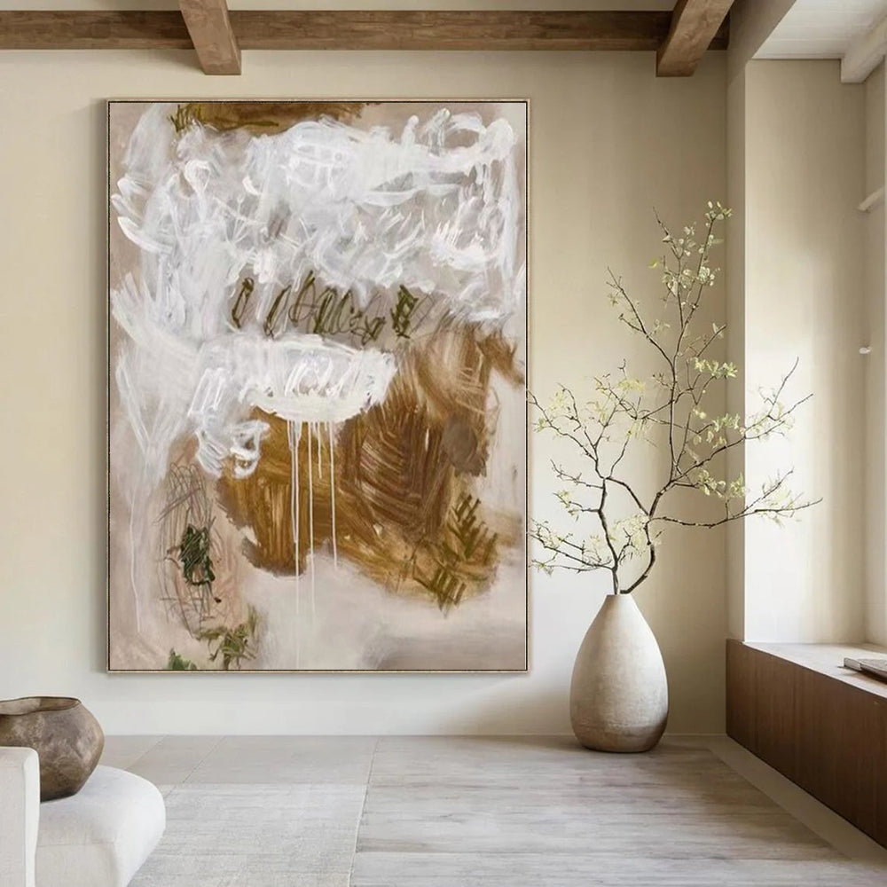 “Expressive Beige - White Abstract” – Abstract Expressionist Painting CT1085