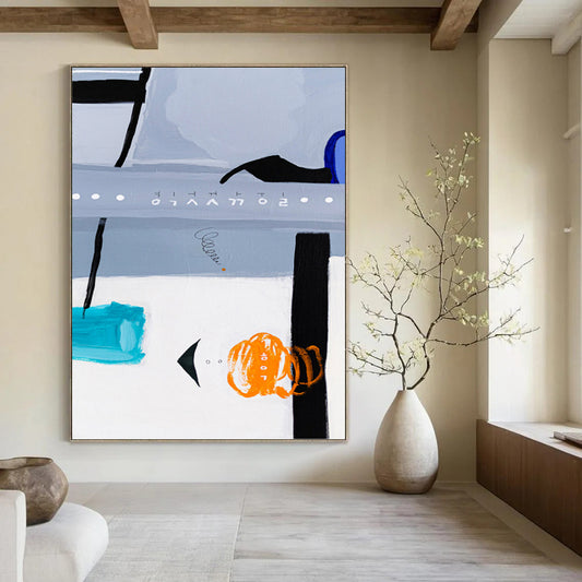 “Gray and Blue Abstract with Orange and Teal Elements” - Eclectic Abstract Painting On Canvas DKH1099