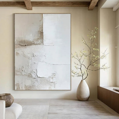 “White & Beige Plaster - Like Abstract” Painting On Canvas DKH0977