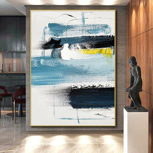 Blue, Black, White & Yellow Abstract Layers, “Coastal Rhythm” - Impasto Abstract Painting CT0778