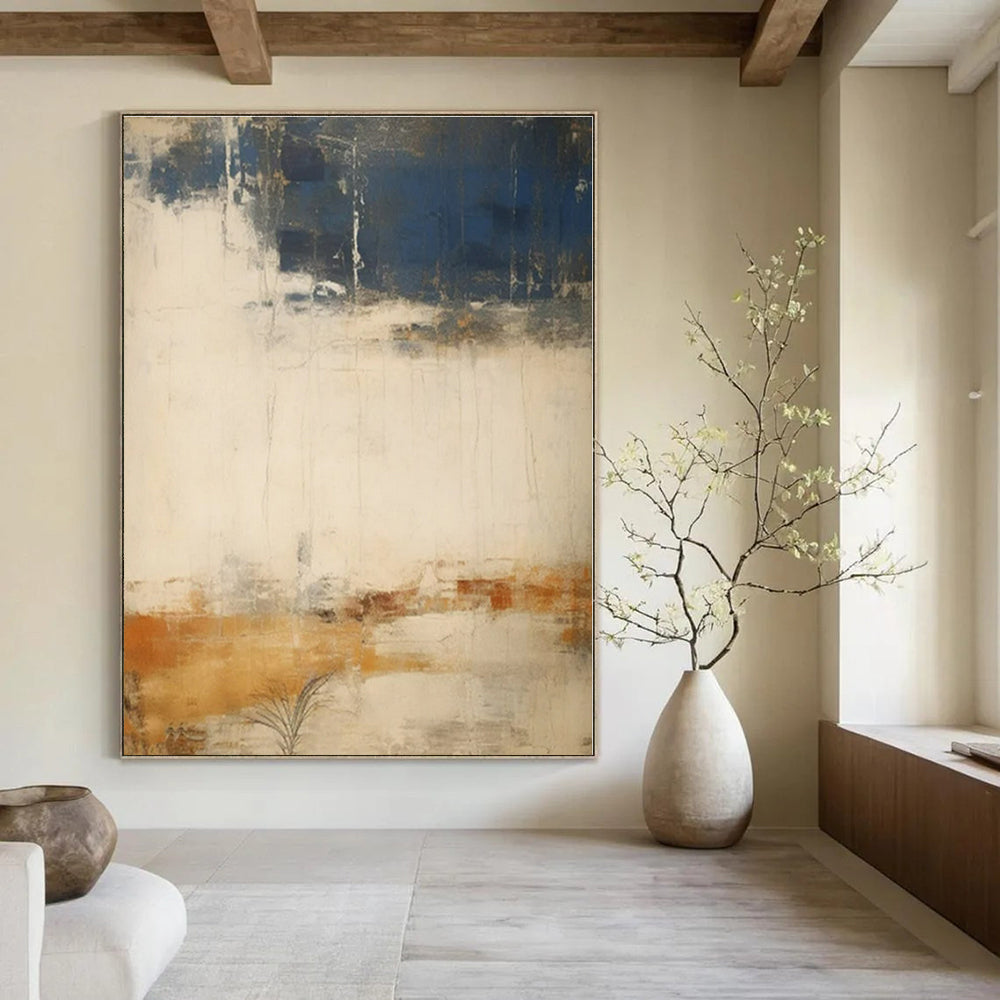 Navy, Orange & Neutral Tones - Abstract Expressionist Acrylic On Canvas CT1341