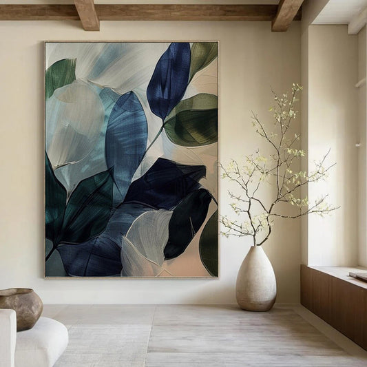 “Translucent Leaf Abstraction” - Blue, Green & White Watercolor - Style Painting On Canvas DKH0972