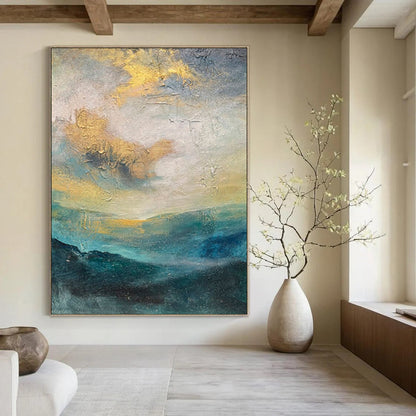 “Gold, Blue, Gray Hazy Landscape” – Abstract Landscape Painting CT1004