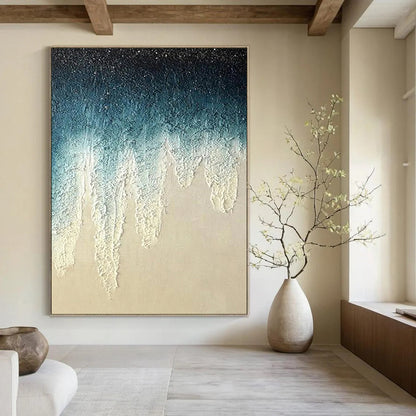 “Blue, White Dripping Texture ‘Celestial Tears’” - Impasto Abstract Painting On Canvas DTP343