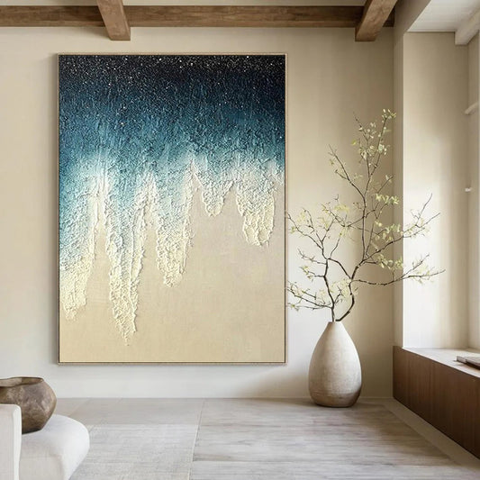 “Blue, White Dripping Texture ‘Celestial Tears’” - Impasto Abstract Painting On Canvas DTP343