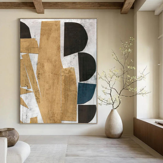“Geometric Gold & Blue Collage” - Gold, Blue, Black Abstract Painting On Canvas DTP216