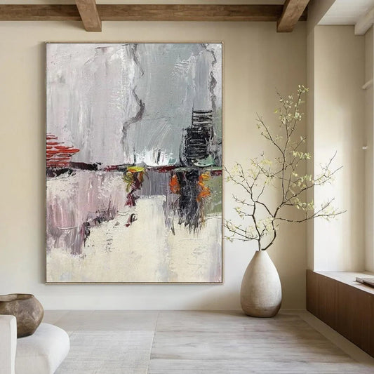 Grey, Red, Yellow & Green Abstract Cityscape - "Urban Impressions" - Abstract Oil Painting CT1459