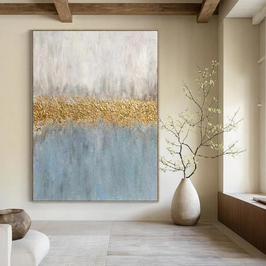 Blue & Gold Abstract Divide - Minimalist Abstract Painting On Canvas CT2289
