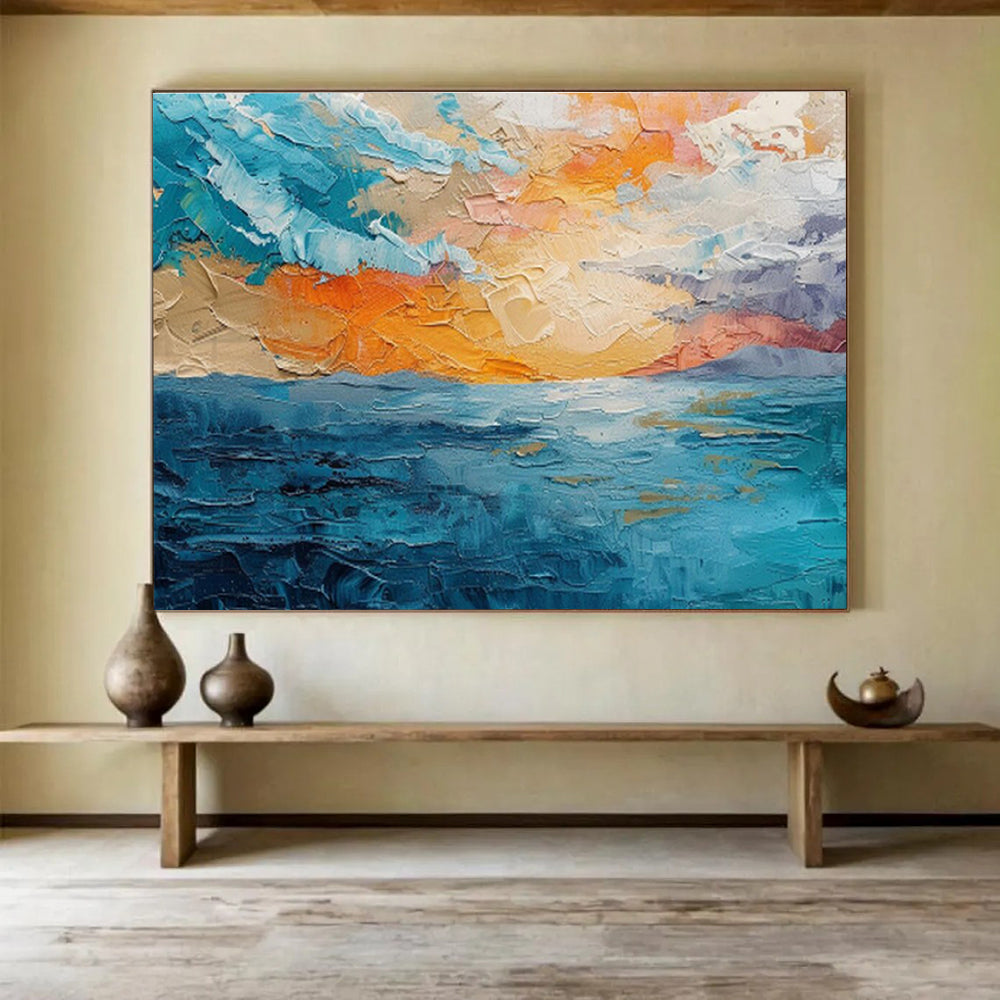 “Textured Seaside Sunset” Impasto Oil Painting On Canvas DKH503