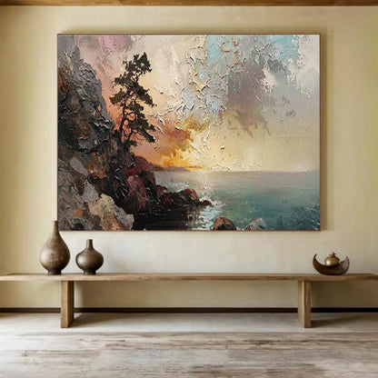 “Coastal Pine & Sunset” Impasto Seaside Painting On Canvas DKH463