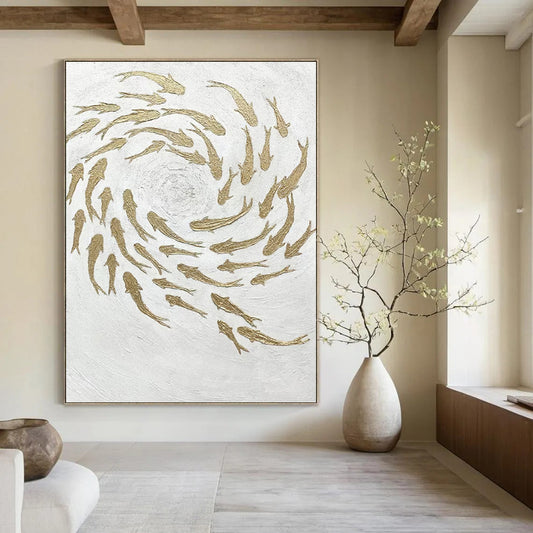 “Golden School” - White & Gold Textured Fish - Swarm Painting On Canvas DKH1544