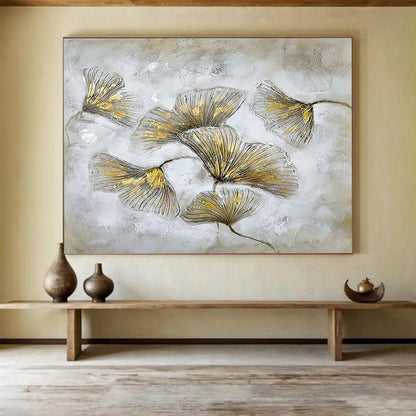 “Gilded Ginkgo Leaves” - Textured Botanical Painting On Canvas DKH790