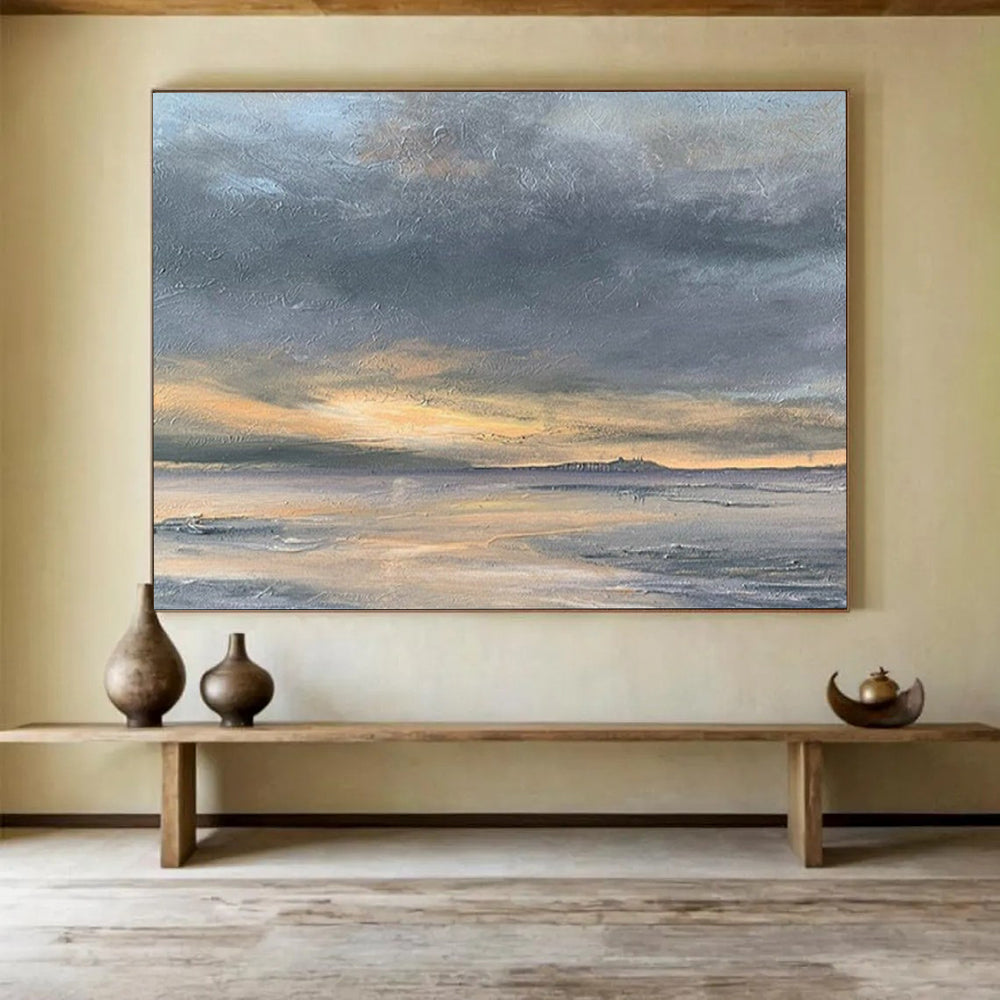 “Gray, Orange, Sunset Shore ‘Golden Dusk’” - Impressionist Seascape Painting On Canvas DLZ023