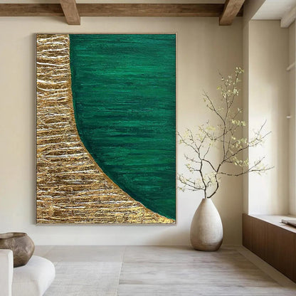 “Gold & Emerald Abstract Shape” - Gold & Emerald Green Abstract Painting On Canvas DKH1219