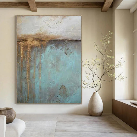 “Rustic Blue & Brown Textures” - Teal, Brown & Gray Abstract Textured Painting On Canvas DKH1191