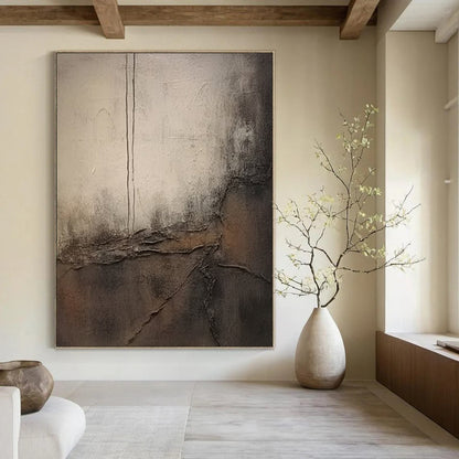 “Gray, Brown Textured Abstraction ‘Worn Narratives’” - Mixed - Media Abstract Painting On Canvas DTP355