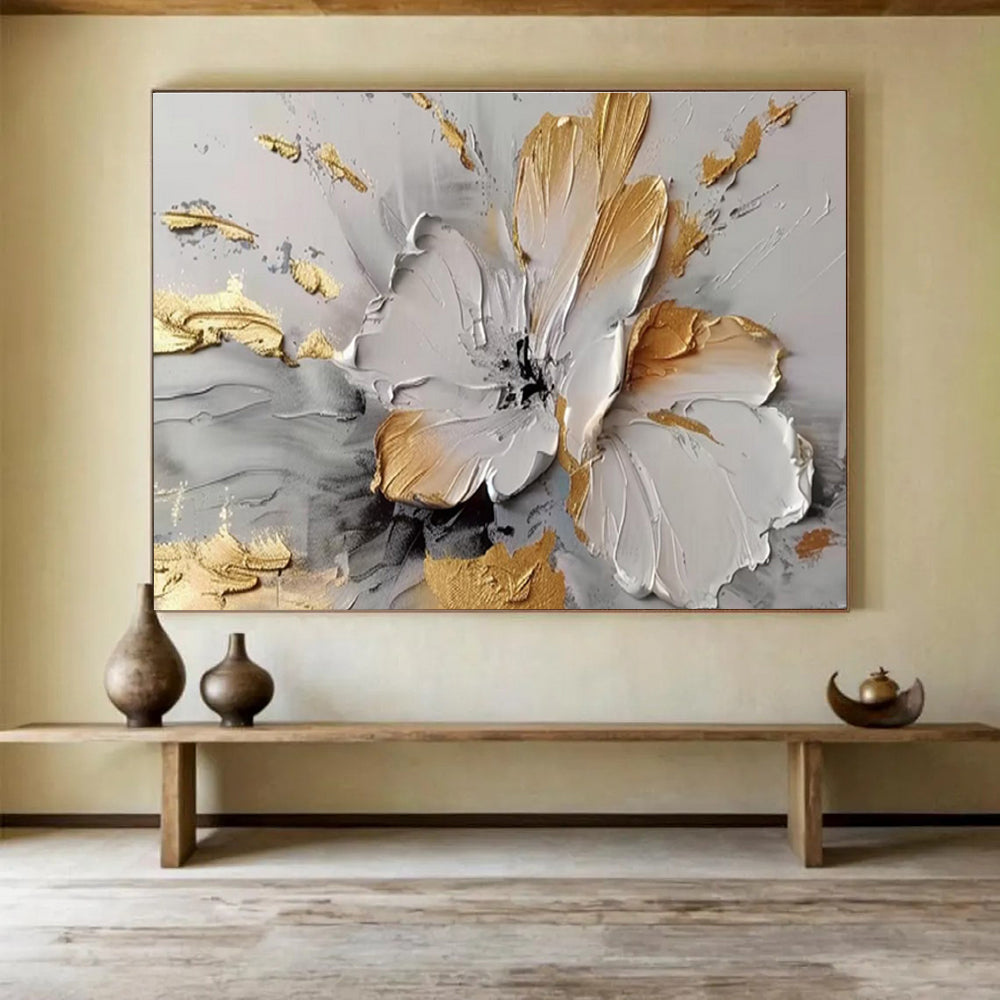 Gold - Accented White Flower in Relief Painting On Canvas DKH677