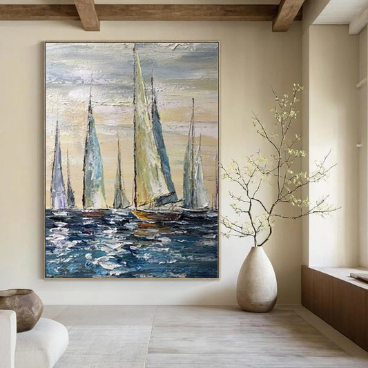 Colorful Sailboats on Blue Sea - Impressionist Oil On Canvas CT1302