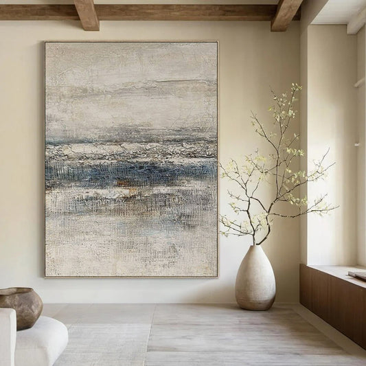 “Beige & Gray Textured Layers” – Abstract Mixed - Media Art CT0964