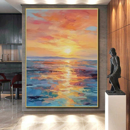 “Sunset Hues, Ocean Reflections” - “Sunset Serenade”，Impressionistic - Abstract Oil Painting CT0687