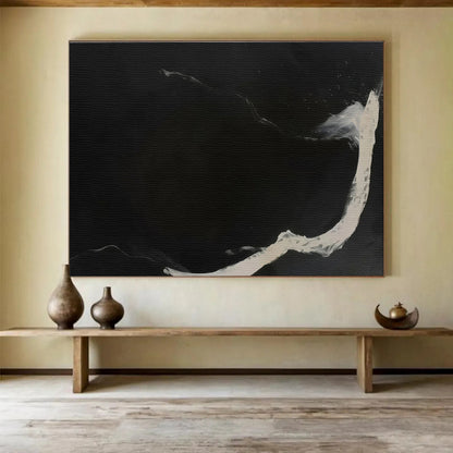 Black Canvas with White Streaks - Monochromatic Abstract Painting On Canvas DKH591