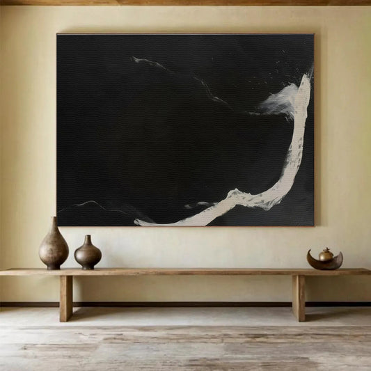 Black Canvas with White Streaks - Monochromatic Abstract Painting On Canvas DKH591