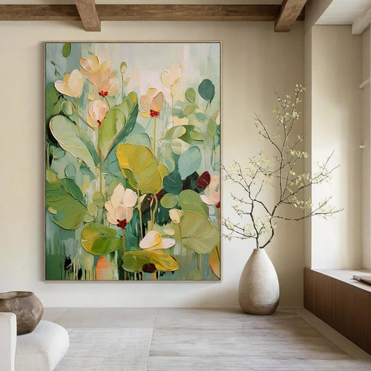 “Textured Flowers 1” - Green & White Floral Painting On Canvas CT2236