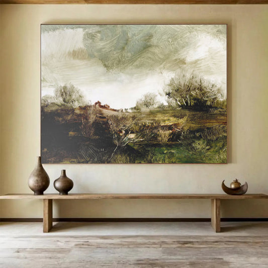 “Textured Green Field with Trees” Impressionist Oil Painting On Canvas DLZ122
