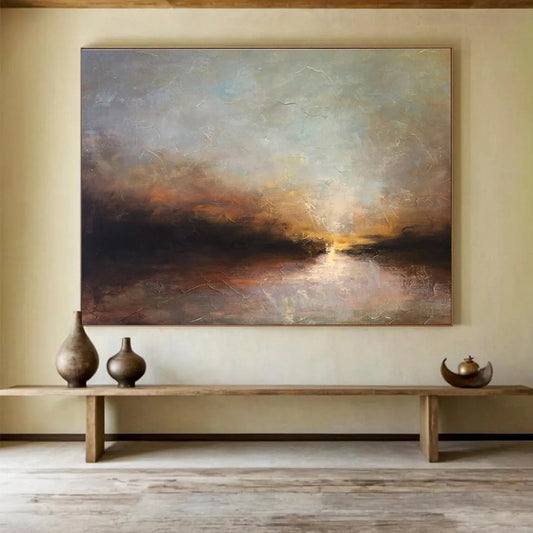 “Crackled Texture Sunset River” - Textured Landscape Painting On Canvas DKH774