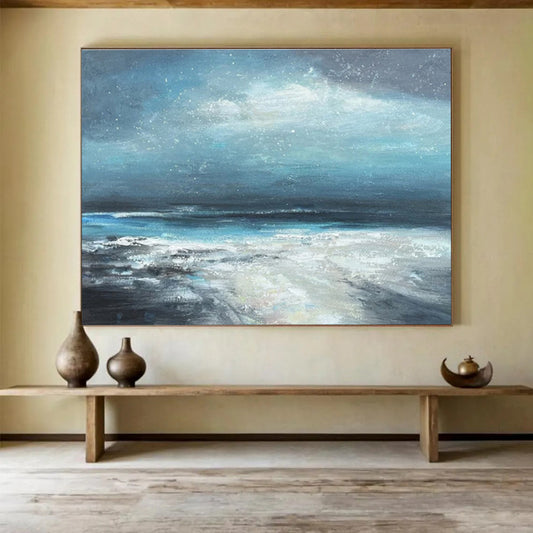 Deep Blue and Gray Starry Seaside “Nocturnal Coastal Serenity” Painting On Canvas DKH111