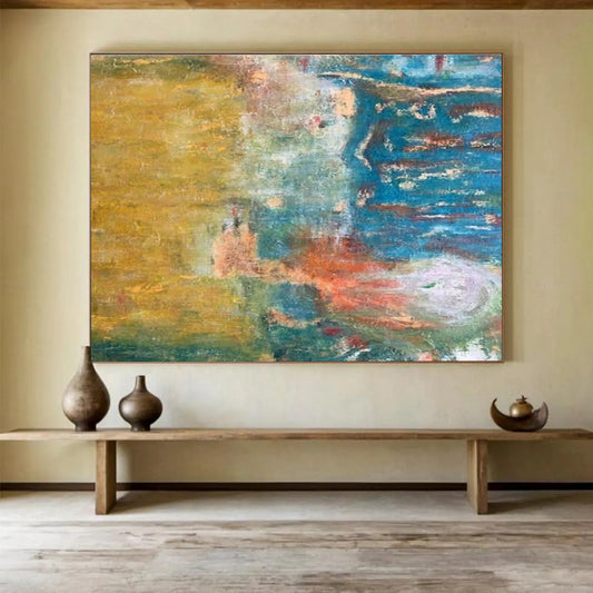 “Warm - Cool Fusion” - Yellow, Blue, Green Abstract Oil Painting On Canvas DKH721
