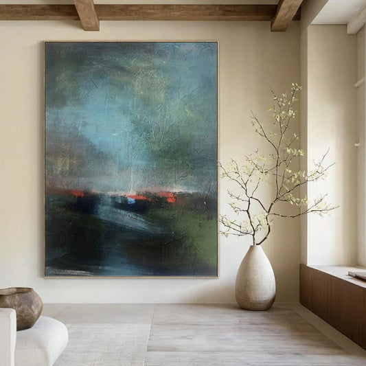 Misty Landscape in Muted Greens and Blues - Abstract Landscape Painting On Canvas DKH1408