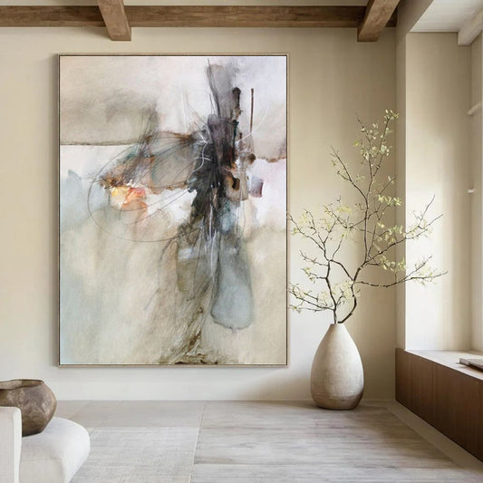 “Abstract Line & Color Fusion” - Gray, Blue & Orange Watercolor - Style Painting On Canvas DKH0950