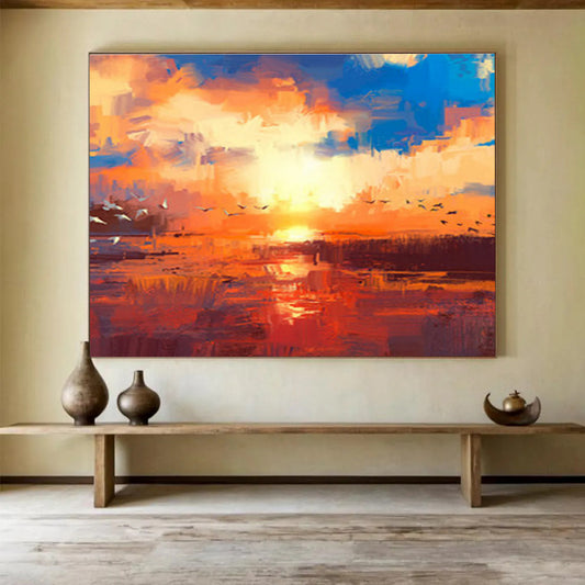 “Vibrant Sunset with Birds” Abstract Landscape Painting On Canvas DKH387