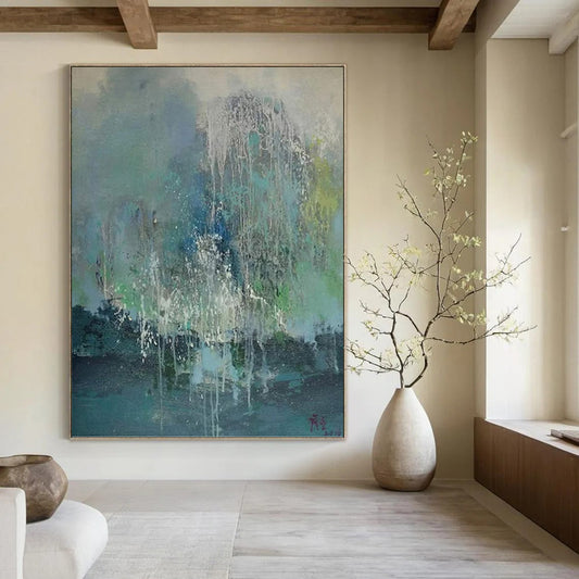 “Colorful Dripping Abstract” - Blue, Green, White & Gray Dripping Abstract Painting On Canvas DKH1199