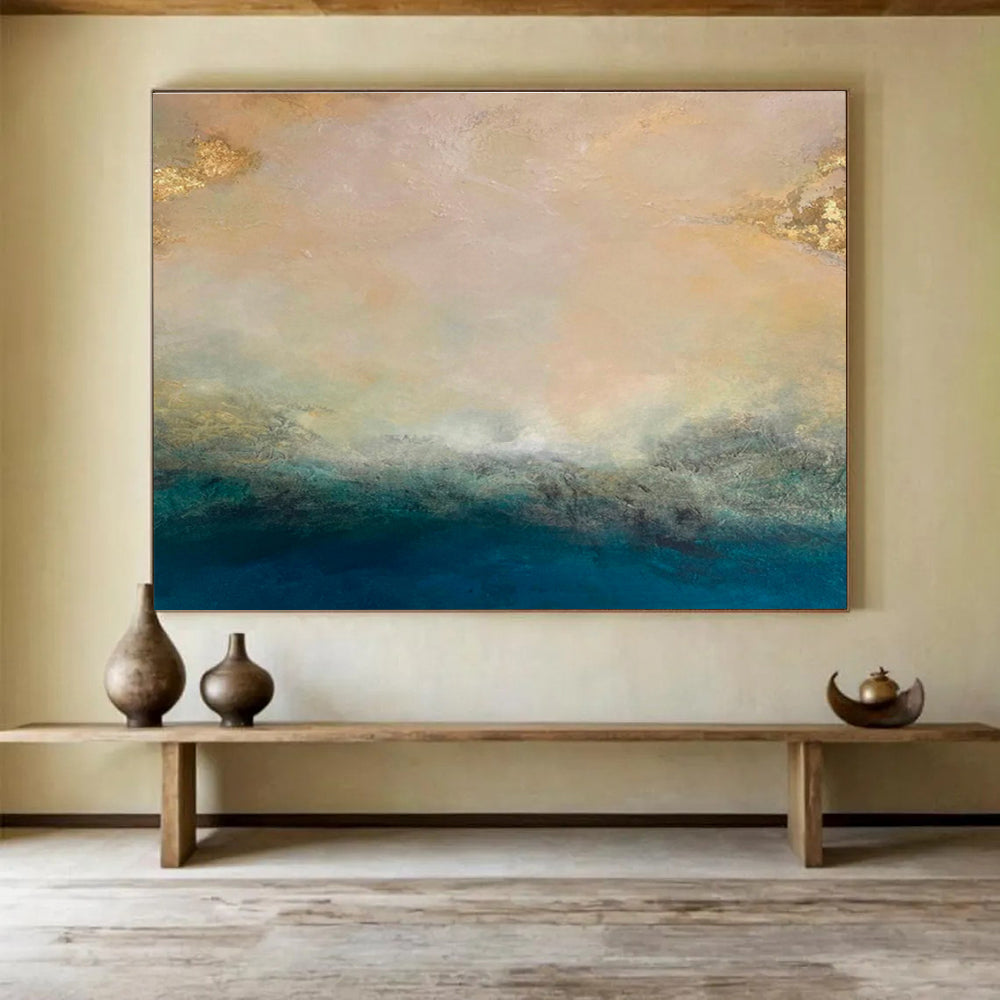 “Gold - Tipped Abstract Horizon” - Soft Multicolor Abstract Landscape Painting On Canvas DKH770